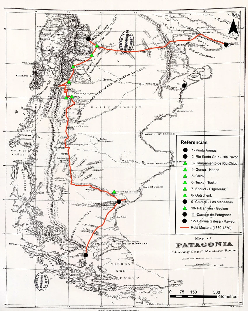 Mapa ruta Musters Patagonia 1869